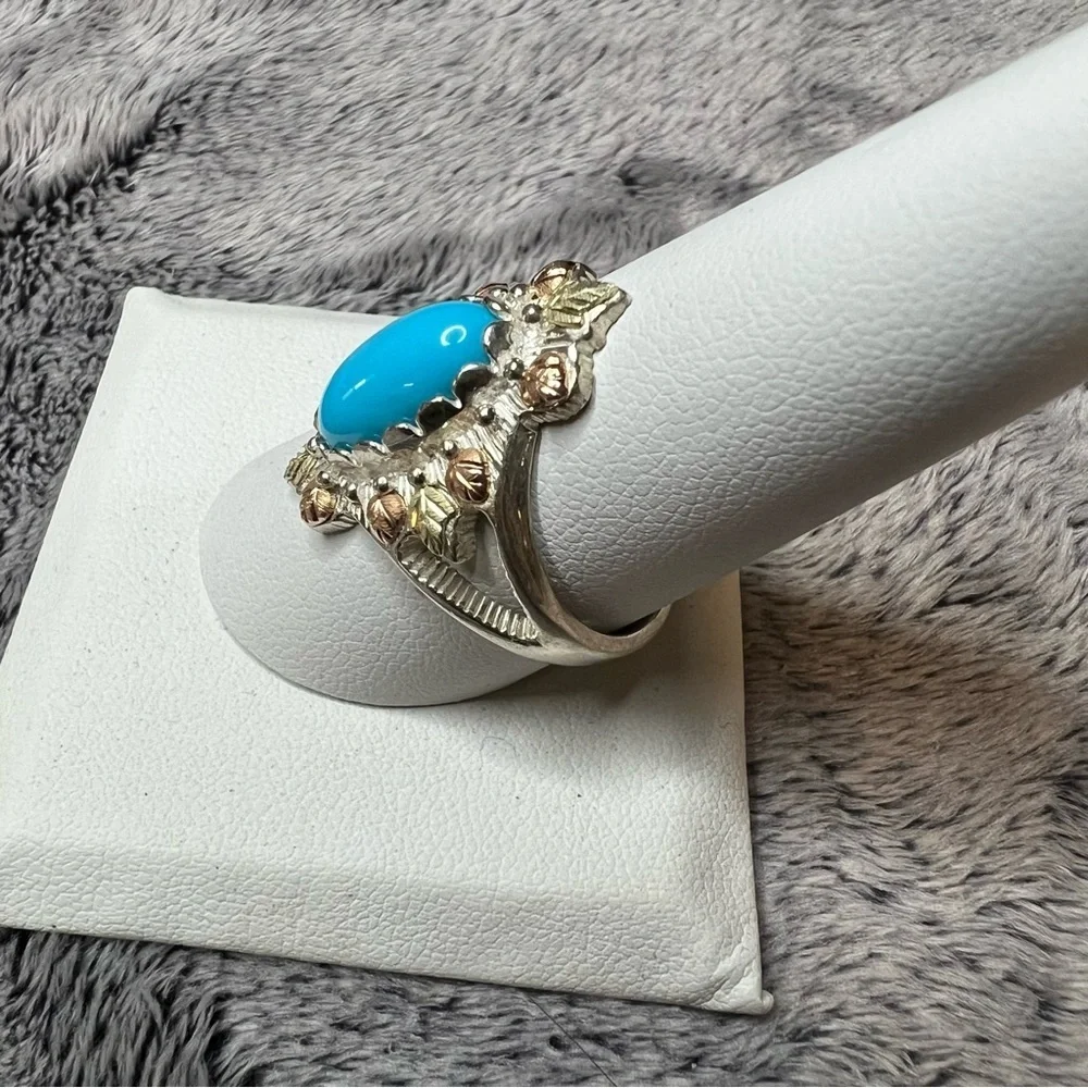 Black Hills Gold Sterling Silver Turquoise Leaves Ring Size 10